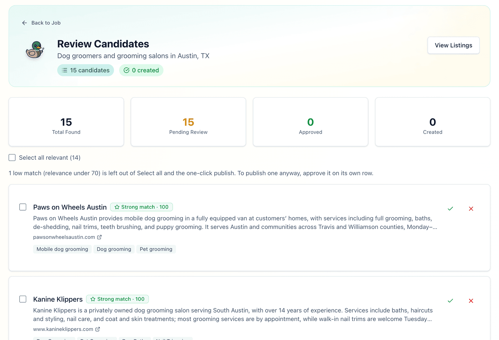 The AI Builder review queue of a real discovery job for dog groomers in Austin: each business with its description, website and relevance score, to approve or reject