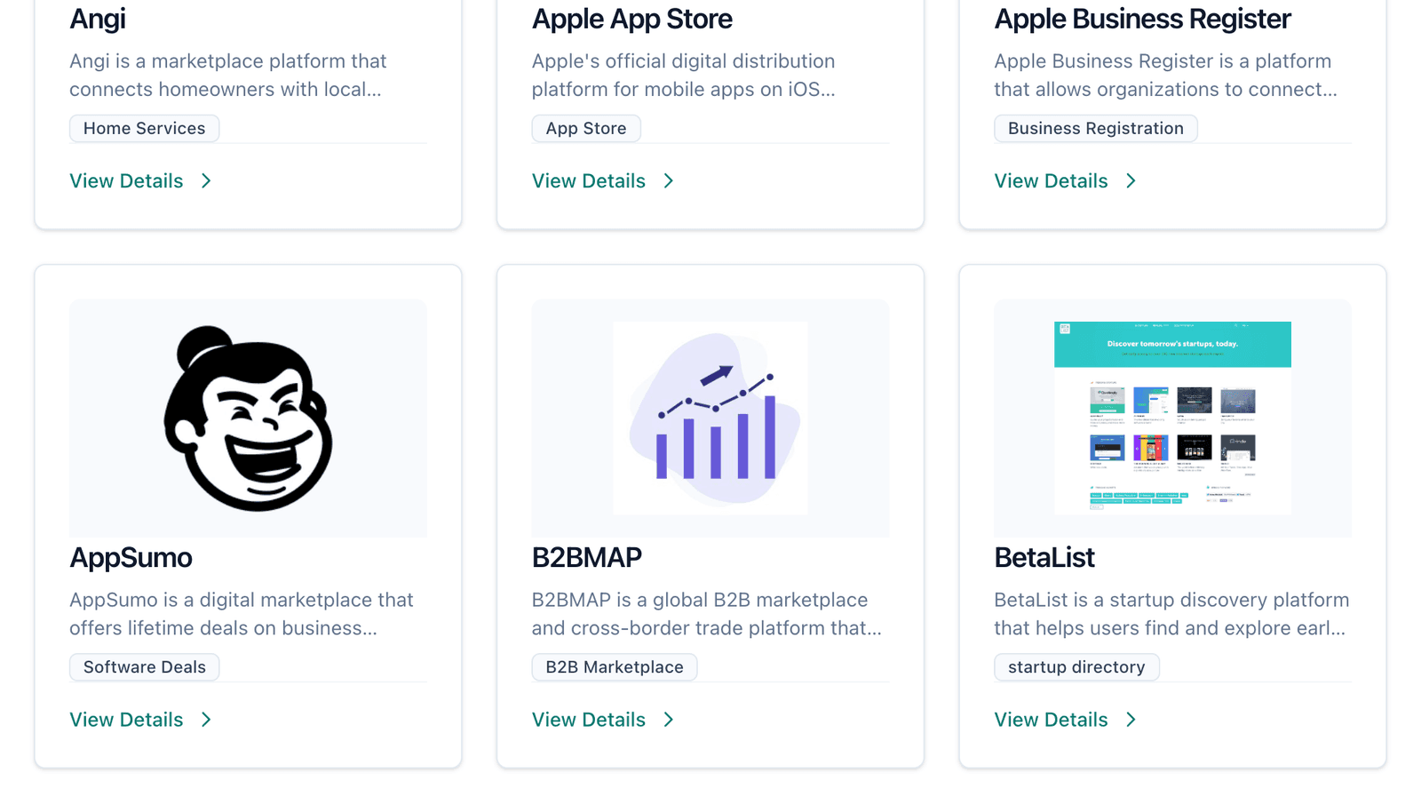 Listing cards in the /explore directory: directory websites that AI discovery found, each with a short description and a category