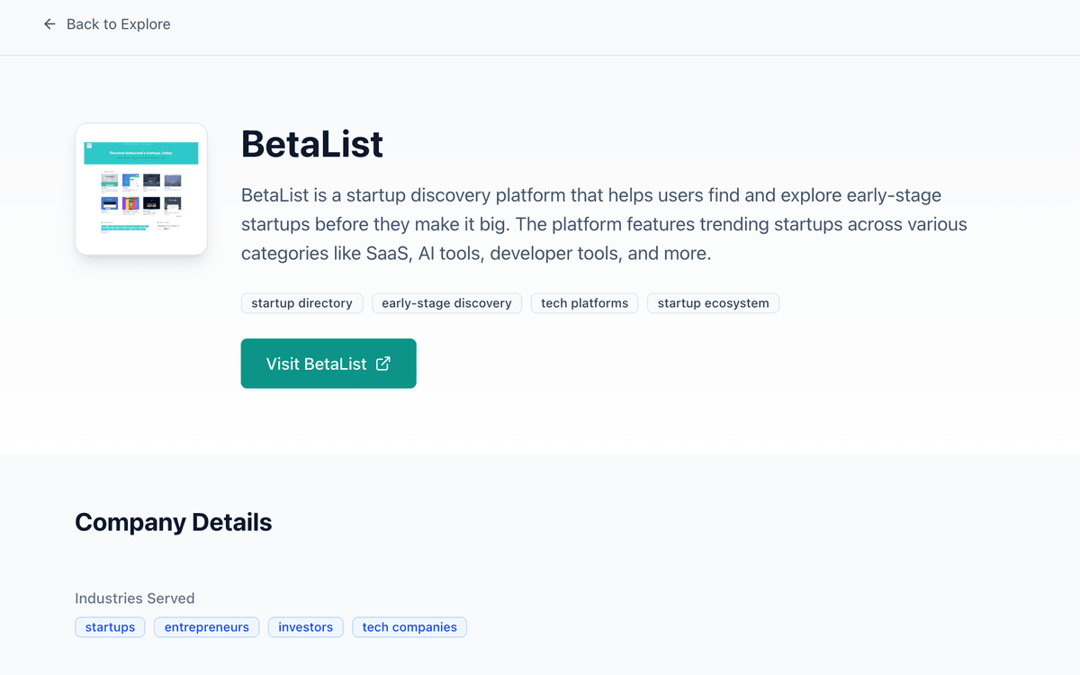 A published listing page in the /explore directory: BetaList, with its description, categories and a visit link