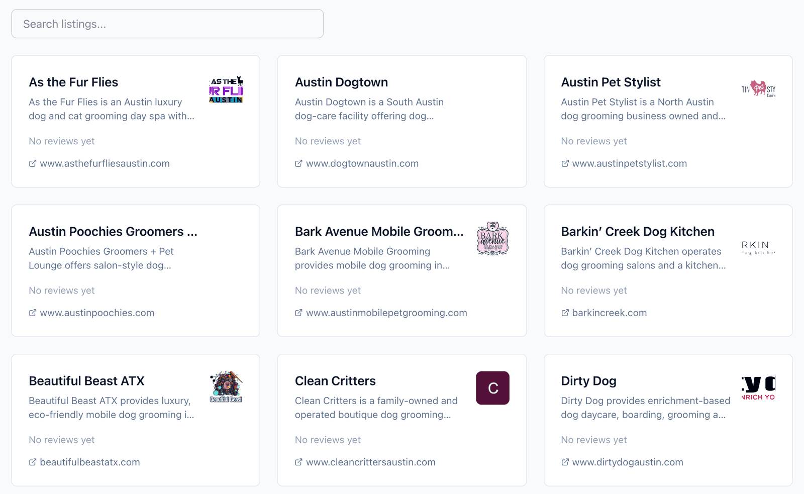 Listing cards on a hosted DirectoryDuck directory page: dog groomers in Austin, each with a short description and its website