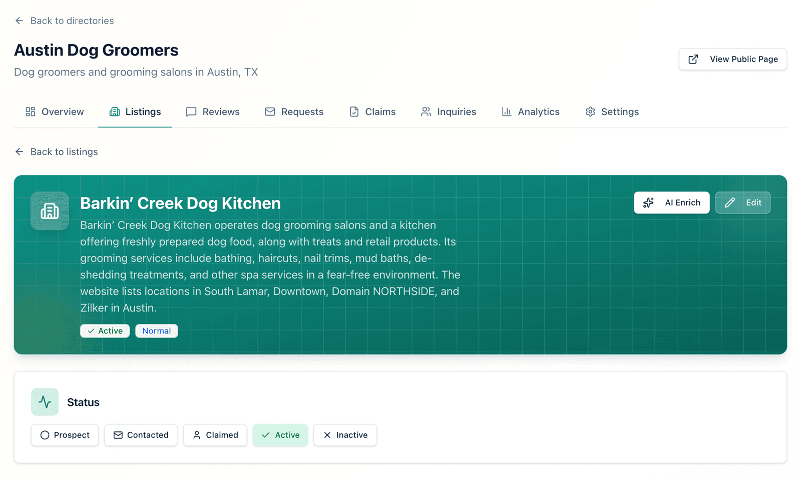 A listing in the listings CRM: a business that AI discovery found, with its description, its status (prospect, contacted, claimed, active or inactive) and its priority